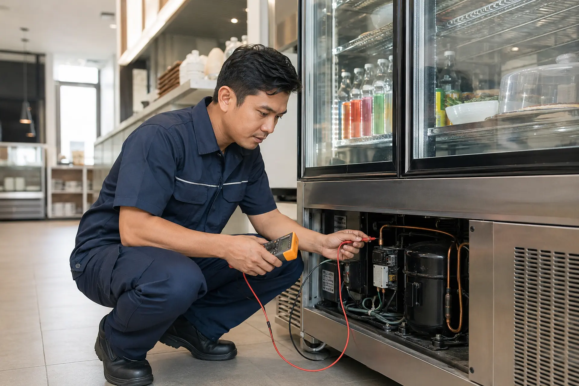 Technician diagnosing a commercial glass-door chiller cooling system
