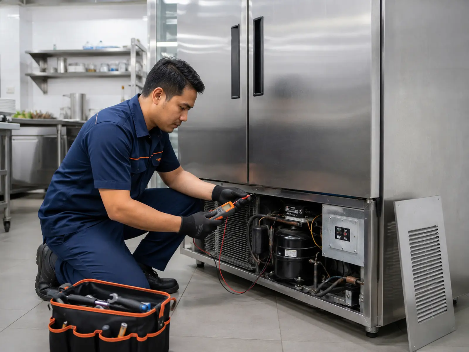 Technician servicing a stainless-steel commercial chiller