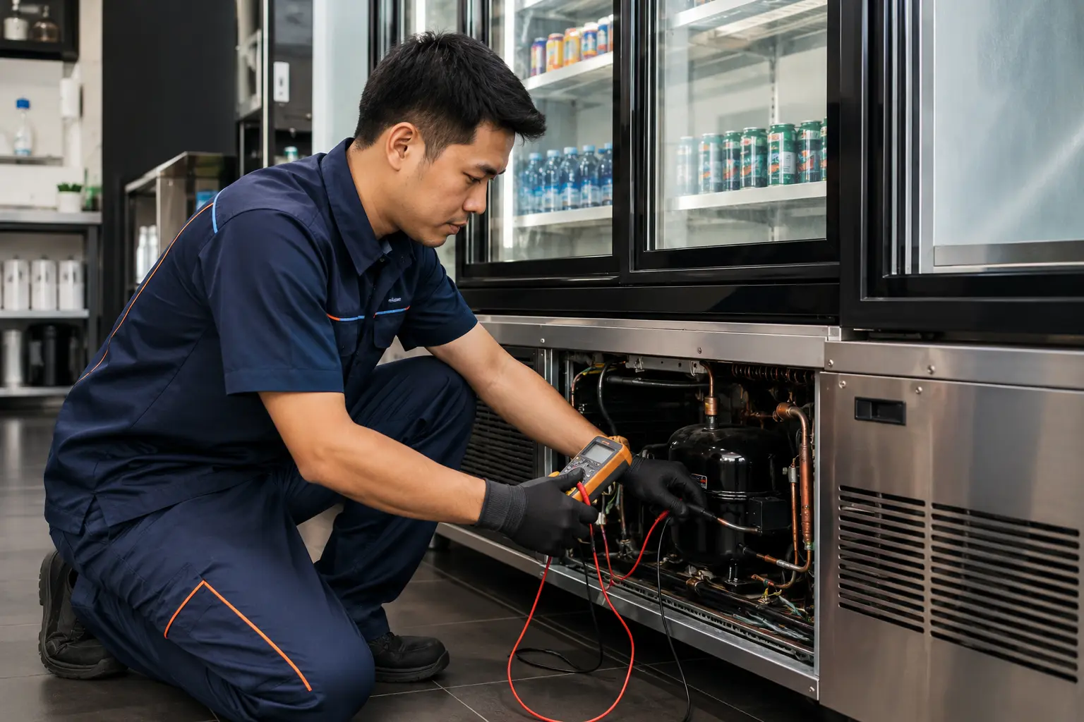 Technician testing a commercial glass-door chiller cooling system