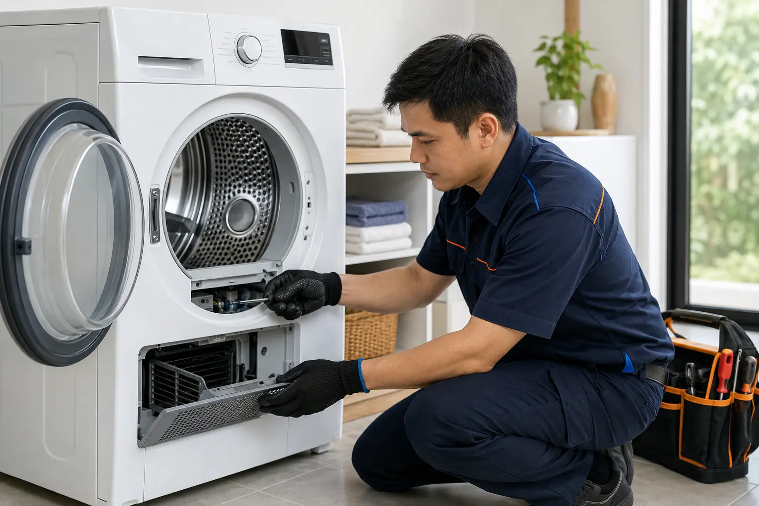 Technician inspecting a tumble dryer heating and vent area